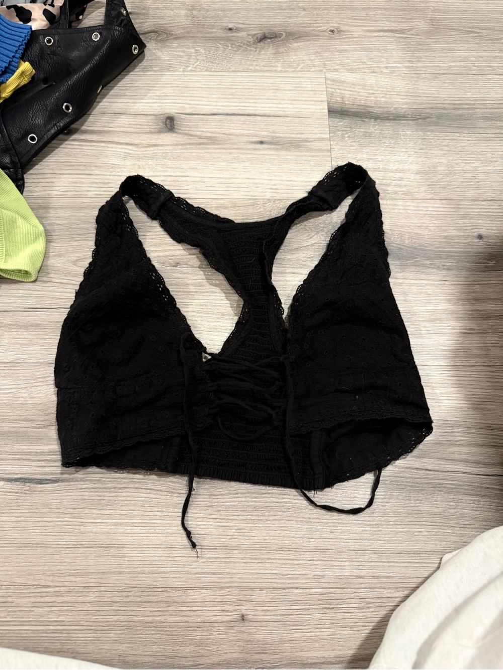 Free People Black Lace Crop Bralette with Lace-Up Front